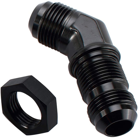 Performance Aluminum 45 Degree -6 AN Male Flare Union Bulkhead Fuel Fitting with AN6 Bulkhead Nut, Black