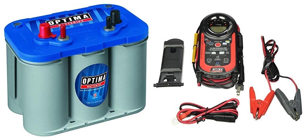 Optima Batteries 8016-103 D34M BlueTop Starting and Deep Cycle Marine Battery + Digital 400 12V Performance Maintainer and Battery Charger - 150-40000