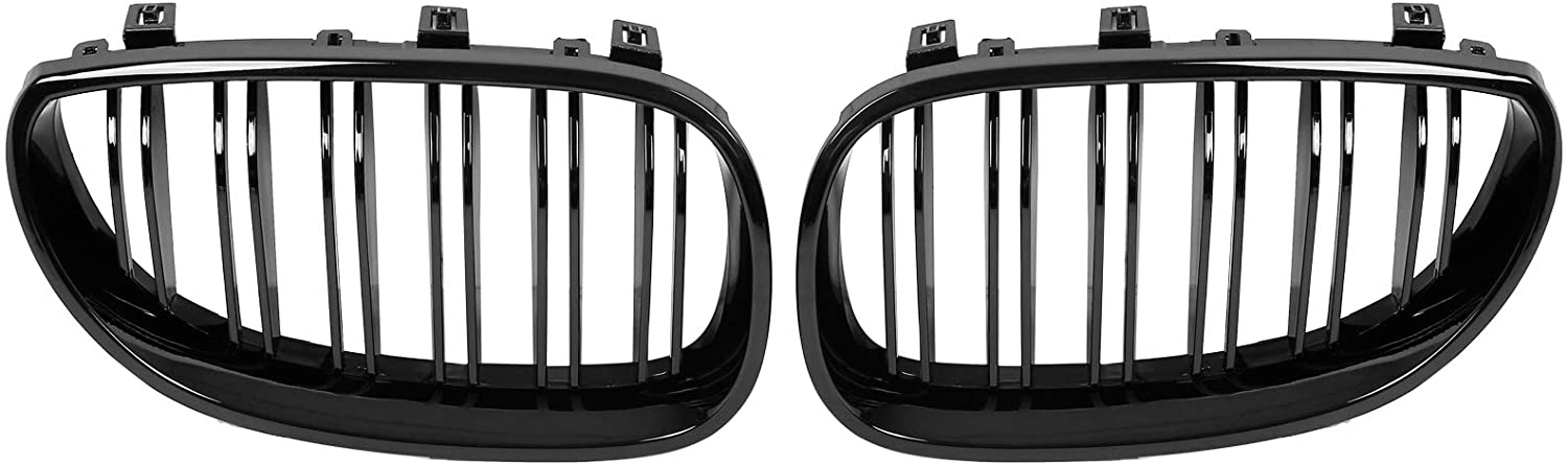 X AUTOHAUX 1 Pair Glossy Black Car Hood Kidney Bars Front Grille Double Line 4 Door for BMW E60 2003-2009