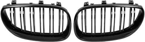 X AUTOHAUX 1 Pair Glossy Black Car Hood Kidney Bars Front Grille Double Line 4 Door for BMW E60 2003-2009