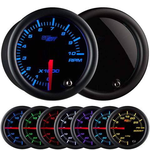 GlowShift Tinted 7 Color 10,000 RPM Tachometer Gauge - for 1 - 10 Cylinder Gas Powered Engines - Black Dial - Smoked Lens - 2-1/16