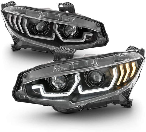 ACANII - For 2016-2020 Honda Civic Halogen Black LED Tube Sequential Turn Signal Projector Headlights Headlamps Assembly