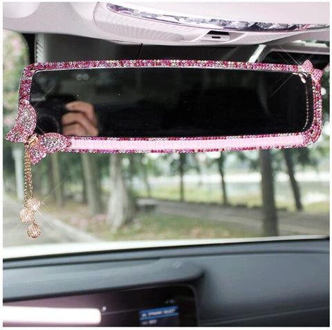 LuckySHD Car Rear View Mirror with Crystal Diamond Butterfly - Pink