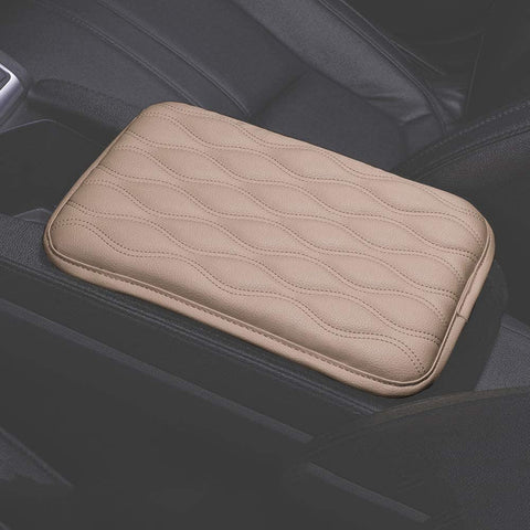 U&M Auto Armrest Console Cushion Leather Memory Foam Arm Rest Support Arm Rest Padding Protective Case Soft PU Vehicle Seat Cushions Armrest Pillow (Beige-New V)