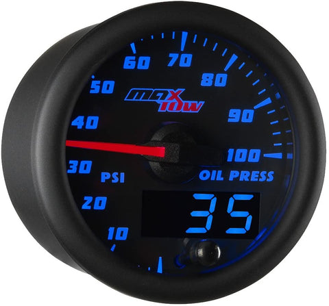 MaxTow Double Vision 100 PSI Oil Pressure Gauge Kit - Includes Electronic Sensor - Black Gauge Face - Blue LED Illuminated Dial - Analog & Digital Readouts - for Trucks - 2-1/16