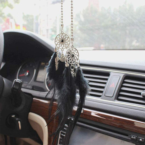 Car Rear View Mirror Hanging Pendant, Feather Dream Catcher Crystal Charm Bling Car Deco Accessories for Women (Black)