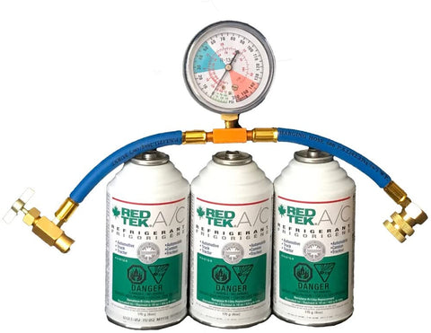 3 Cans - REDTEK A/C Refrigerant (6 Ounce Can) with Gauge Hose