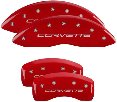 MGP Caliper Covers 13008SCV6RD, Caliper Cover Compatible With Corvette C6, Logo Type Brake Cover with Red Powder Coat Finish and Silver Characters, 4 Pack