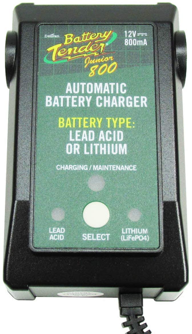 Battery Tender Junior 800 Lithium, Lead Acid, AGM, GEL LiFe PO4 / LFP Battery Charger/Maintainer/Tender - Fully Automatic with 5 Year Warranty - .8 Amp Charge Rate - Part # 022-0199-DL-WH