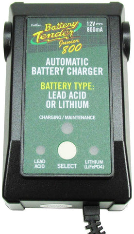 Battery Tender Junior 800 Lithium, Lead Acid, AGM, GEL LiFe PO4 / LFP Battery Charger/Maintainer/Tender - Fully Automatic with 5 Year Warranty - .8 Amp Charge Rate - Part # 022-0199-DL-WH