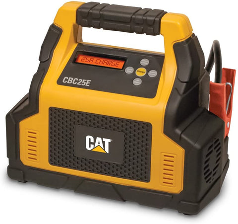CAT CBC25E Fully Automatic 25 Amp 12V Rolling Battery Charger/Maintainer with 75A Engine Start, Alternator Check, Cable Clamps