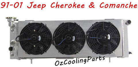 OzCoolingParts 91-01 Jeep Cherokee Radiator Shroud Fan Kit, Designs Pro 3 Row Aluminum Radiator + 9