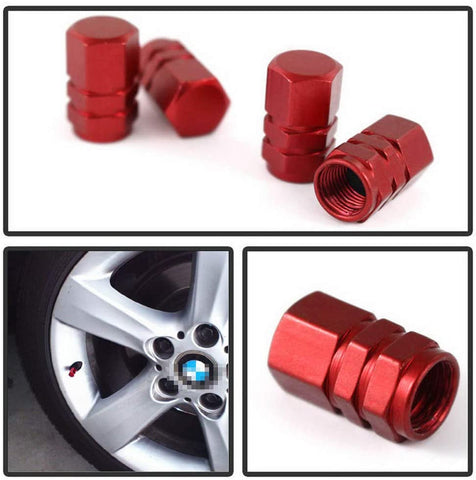 iJDMTOY (4) Tuner Racing Style Red Aluminum Tire Valve Caps (Hexagon Shape)