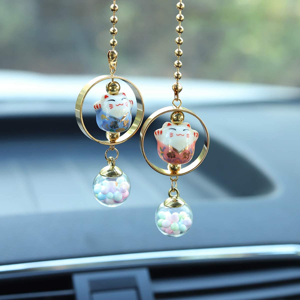 Lucky Cat Car Charm pendant Rear View Mirror Pendant Porcelain Figurine Hanging Pendant Car Accassories (Blue & Pink)