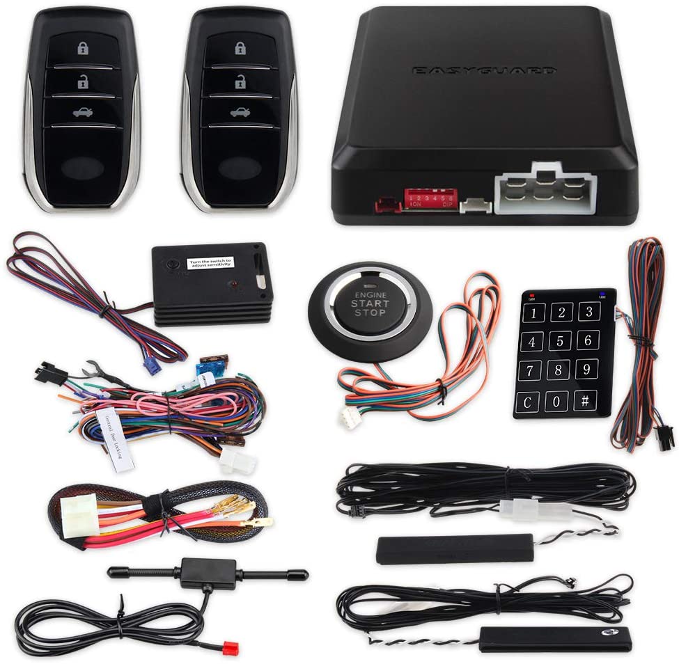 EASYGUARD EC002-T2-NS PKE Car Alarm System Proximity Sensor Lock Unlock Remote Engine Start Push Start Button Touch Password Entry Backup Vibration Alarm DC12V