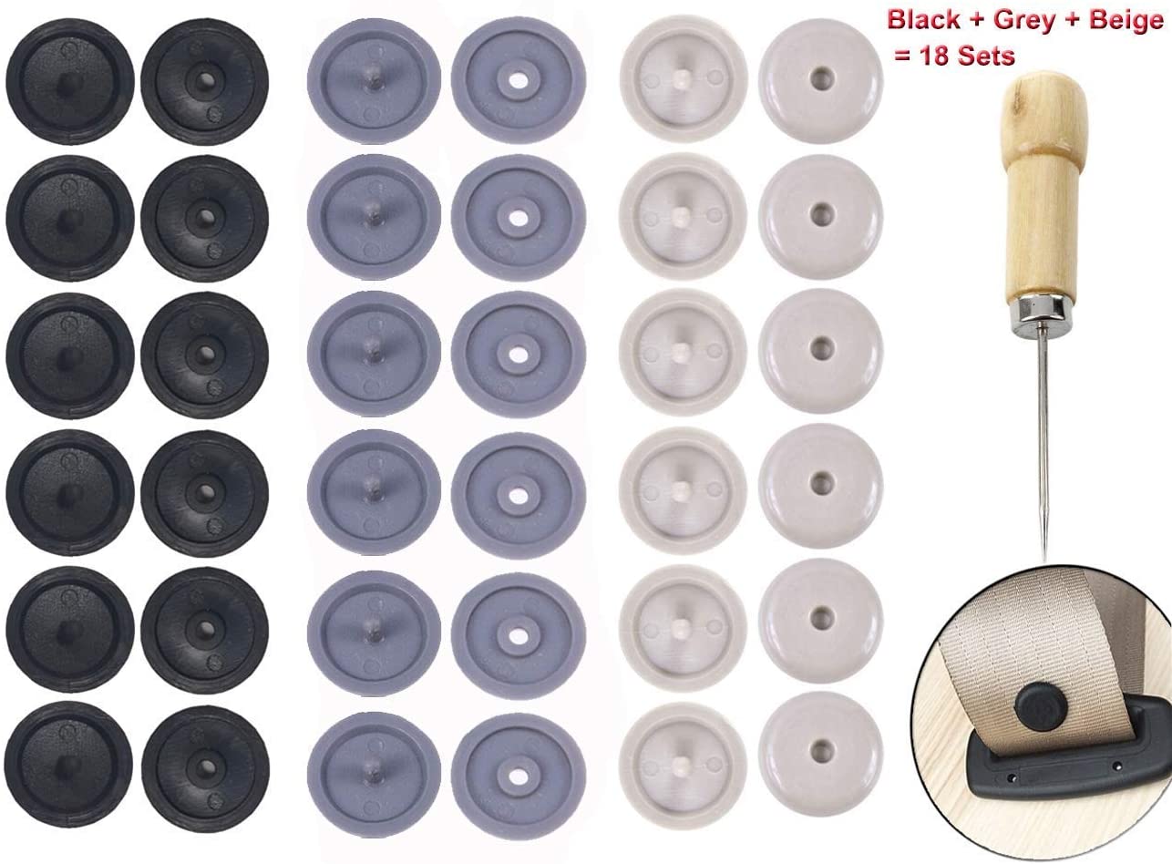 Y-Axis Seat Belt Button Buckle Clip Stop - Universal Fit Stopper Kit (Black + Beige + Grey, 18 Sets)