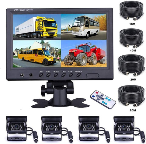 Vehicle Backup Camera Kit for RV, Trailer, Bus,Trucks - 9 Inch 4 Split Monitor Reversing Camera Front View, Rear View Camera 18 IR Night Vision Waterproof Camera with 2x33 ft and 2x65ft Cables