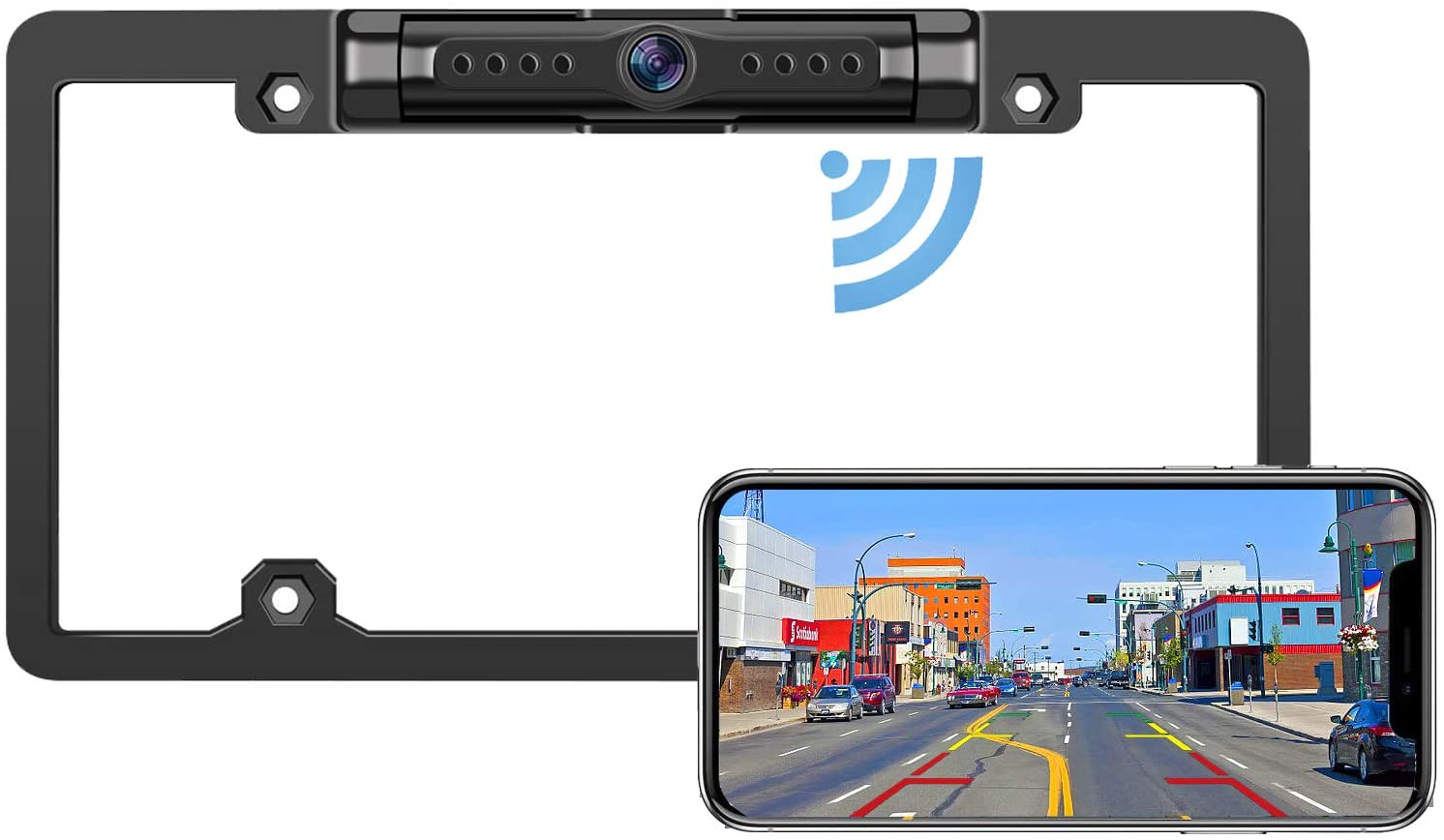 DoHonest WiFi Digital Wireless Backup Camera for iPhone/Android, IP69 Waterproof License Plate Frame Camera for Cars,Trucks,Vans Pickups,SUVs Guide Lines On/Off - V18