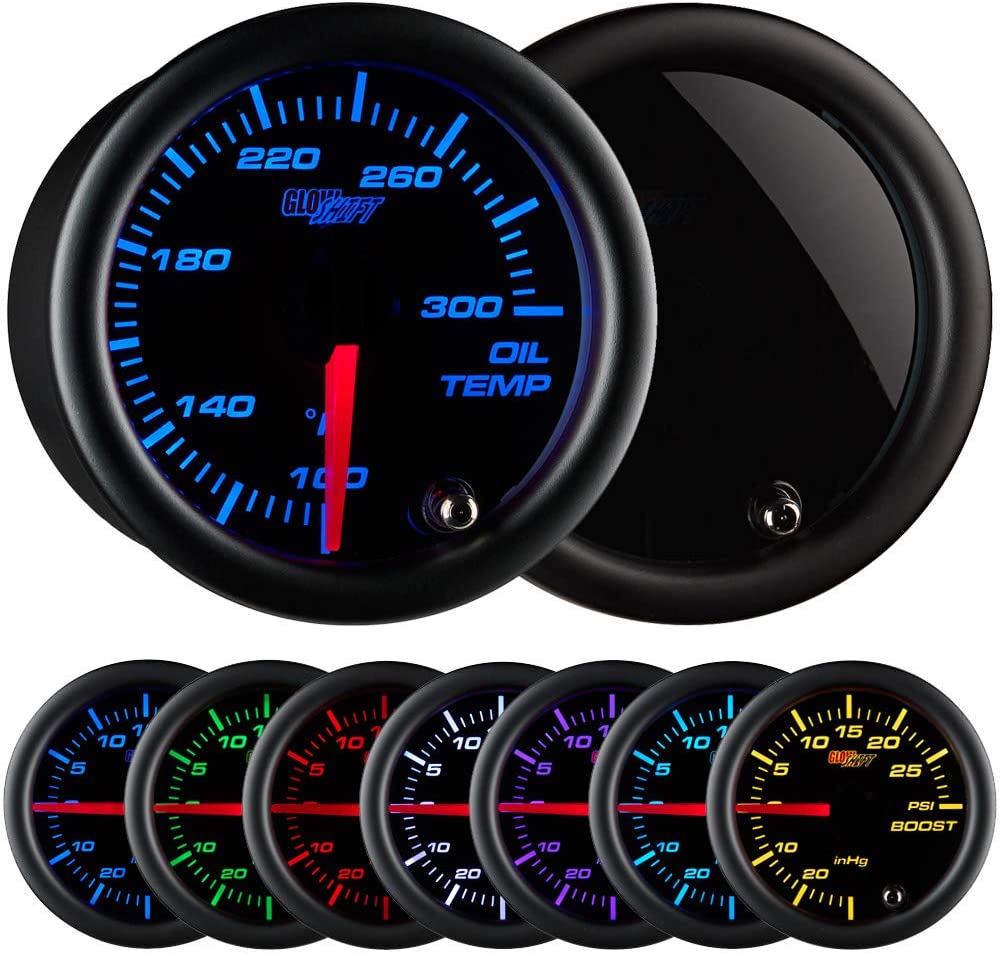 GlowShift Tinted 7 Color 300 F Oil Temperature Gauge Kit - Includes Electronic Sensor - Black Dial - Smoked Lens - for Car & Truck - 2-1/16