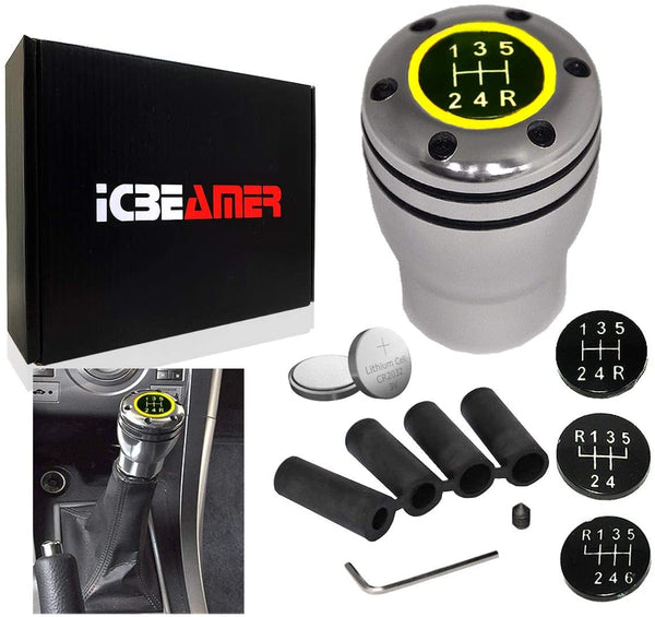 ICBEAMER Racing Style Manual Transmission Stick Shift Knob Silver Aluminum 5 6 Speed with Red LED Light CR2032 Battery