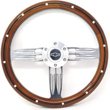 14" Inch Polished & Wood Steering Wheel Chevy Bowtie Horn, 6 Hole C10 Camaro"