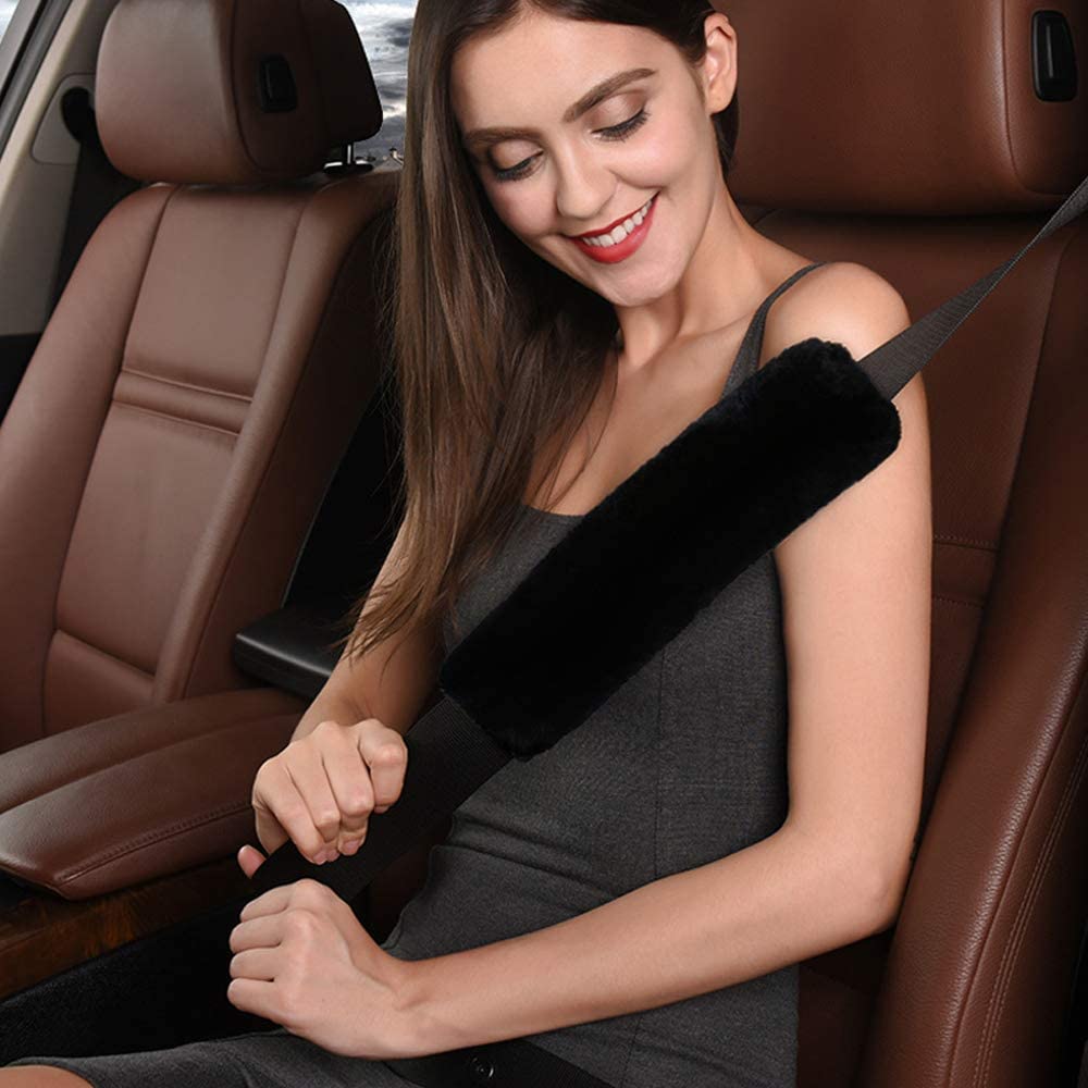 CONNYAM Soft Australian Genuine Sheepskin Wool Auto Seat Belt Cover Seatbelt Shoulder Pad for a More Comfortable Driving, Compatible with All Cars