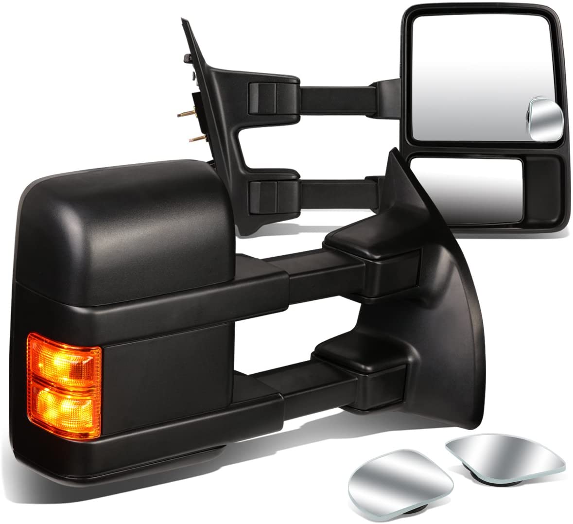 Replacement for Super Duty Black Textured Telescoping Manual Extendable Amber Signal Towing+Circle Blind Spot Mirror