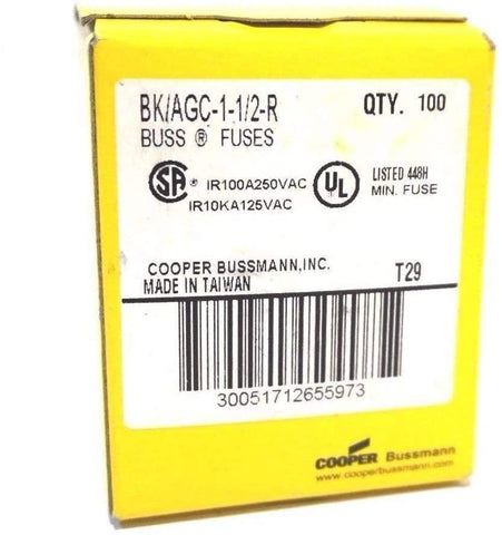 BUSSMANN BY EATON BK/AGC-1-1/2-R FUSE, CARTRIDGE, 1.5A, 6.3X32MM, FST ACT (100 pieces)