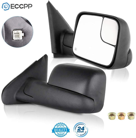 ECCPP Towing Mirrors fit 02-08 for Dodge Ram 1500 03-09 for Dodge Ram 2500 3500 Pickup Truck Power Heated Tow Folding Side View Black Mirror Pair Set Right Passenger and Left Driver Side