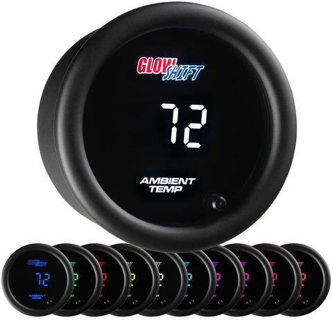 GlowShift 10 Color Digital Air Temperature Gauge Kit - Reads Outside Air Temp from -40-200 Degrees F - Includes Sensor - Multi-Color LED Display - Tinted Lens - 2-1/16