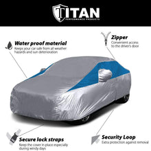 Titan Lightweight Car Cover. Compact Sedan. Fits Toyota Corolla, Nissan Sentra, and More. Waterproof Car Cover Measures 185 Inches, Includes Cable and Lock, and a Driver-Side Door Zipper (Bondi Blue)
