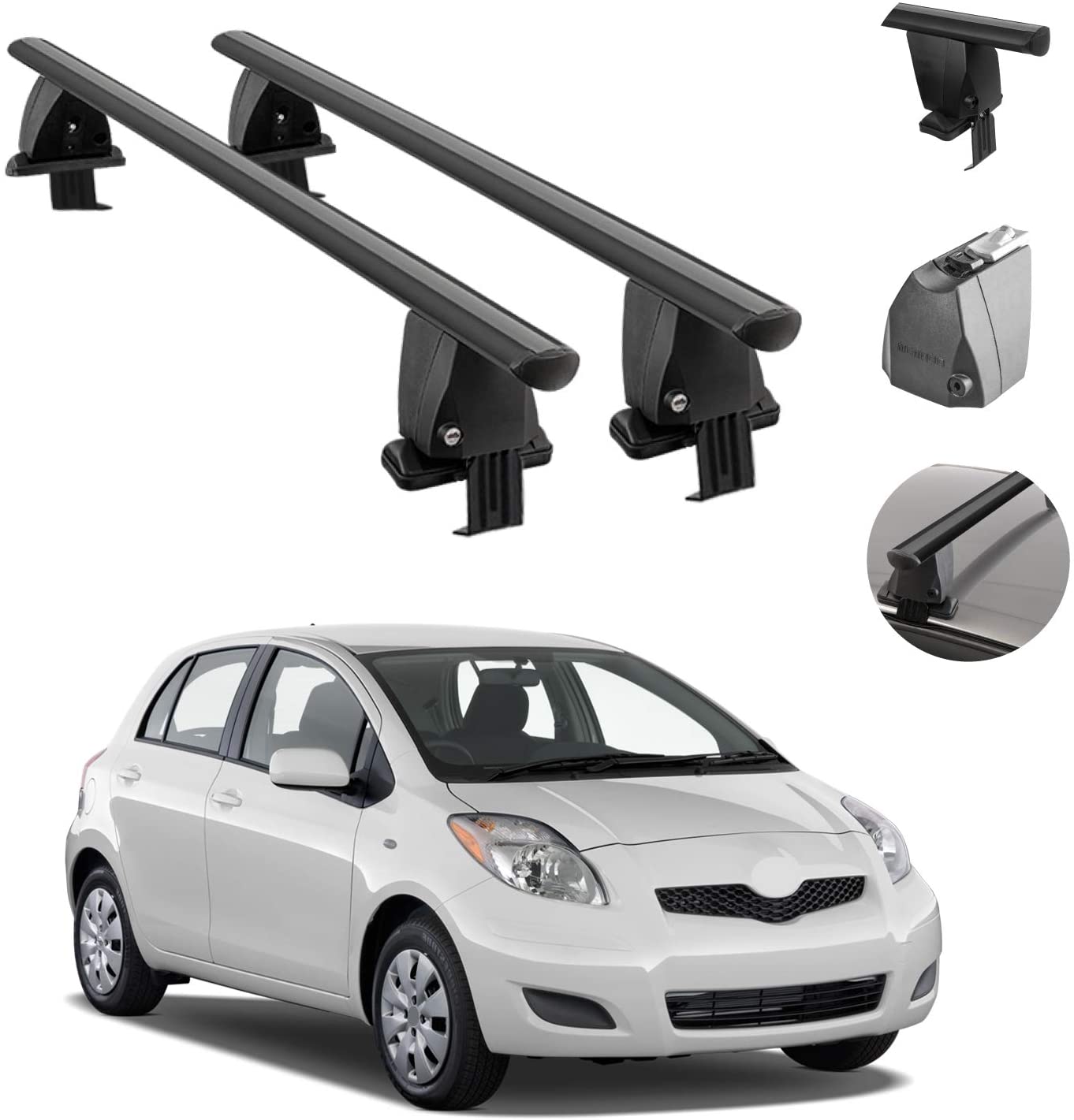 Roof Rack Cross Bars Lockable Luggage Carrier Smooth Roof Cars | Fits Toyota Yaris Hatchback 2009-2018 Black Aluminum Cargo Carrier Rooftop Bars | Automotive Exterior Accessories