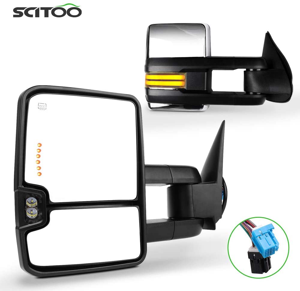 SCITOO Tow Mirrors Compatible with 2003-2006 for GMC Sierra Towing Mirrors with Power Heated with Turn Signal Light Running Light Lens with LED Light Chrome Housing