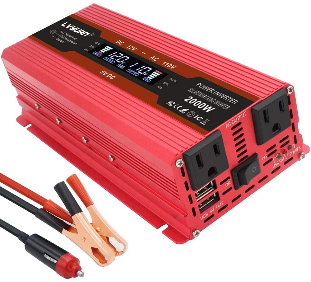 IpowerBingo Power Inverter 1000W/2000W Dual AC Outlets and Dual USB Charging Ports DC 12V to 110V AC Car Converter with Digital Display