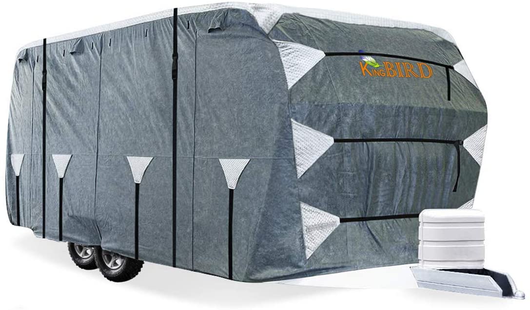 KING BIRD Upgraded Travel Trailer RV Cover, Extra-Thick 5 Layers Anti-UV Top Panel, Durable Camper Cover, Fits 22'- 24' Motorhome -Breathable, Waterproof, Rip-Stop with 2Pcs Straps & 4 Tire Covers