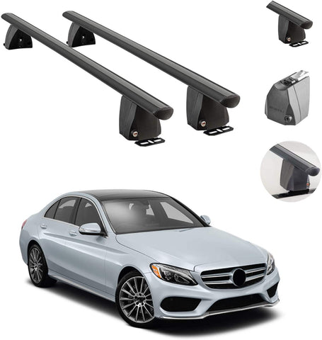 Roof Rack Cross Bars Lockable Luggage Carrier Fixed Point Roof Cars | Black Aluminum Cargo Carrier Rooftop Bars | Automotive Exterior Accessories Fits Mercedes C-Class Sedan 2015-2021