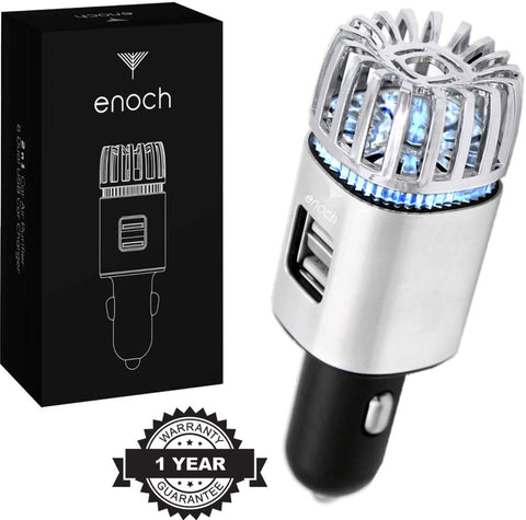 Enoch Car Air Purifier with USB Car Charger 2-Port. Car Air Freshener Eliminate Odor, Dust, Pollen. Removes Cigarette Smoke, Pet and Food Odor, Ionic Ozone. Ionic Car Deodorizer. Color-Silver