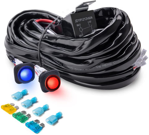 MICTUNING Heavy Duty 14AWG 300W 2-Circuit Led Light Bar Wiring Harness Kit with Fuse, 60Amp Relay, Dual Waterproof Switches Red Blue(14AWG)