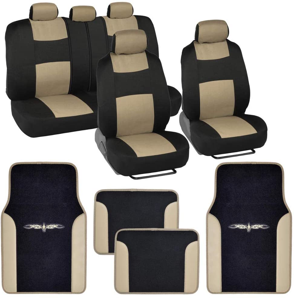 BDK Beige Combo Fresh Design Matching All Protective Seat Covers (2 Front 1 Bench) with Heavy Protection Sleek Graphic Auto Carpet Floor Mats (4 Set)