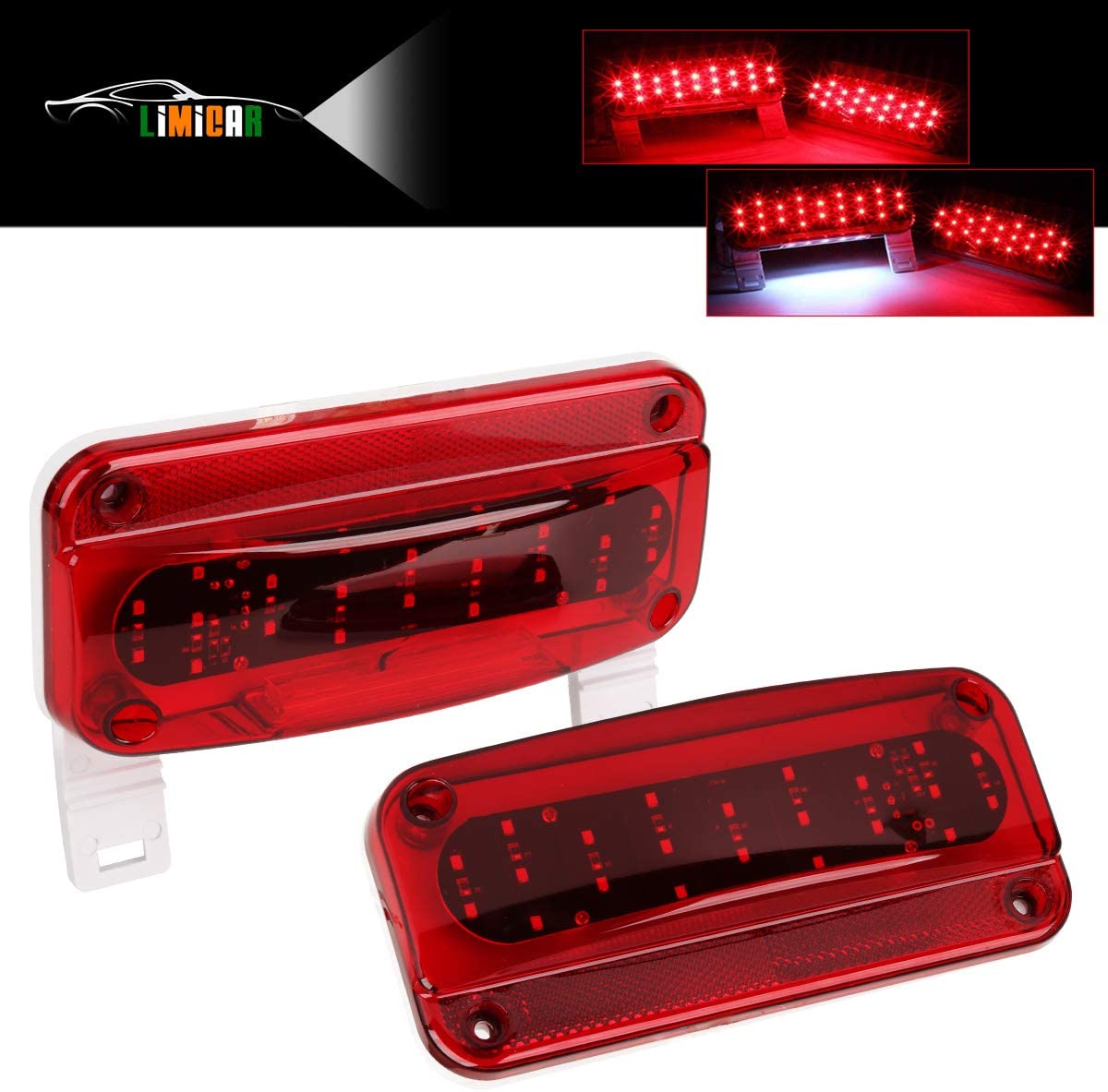 LIMICAR 49 LED Red RV Camper Trailer Stop Turn Brake Tail Lights White License Plate Light with Reflex Surface Mount White Base Red Cover Reflex Lens Rectangular (Left & Right)