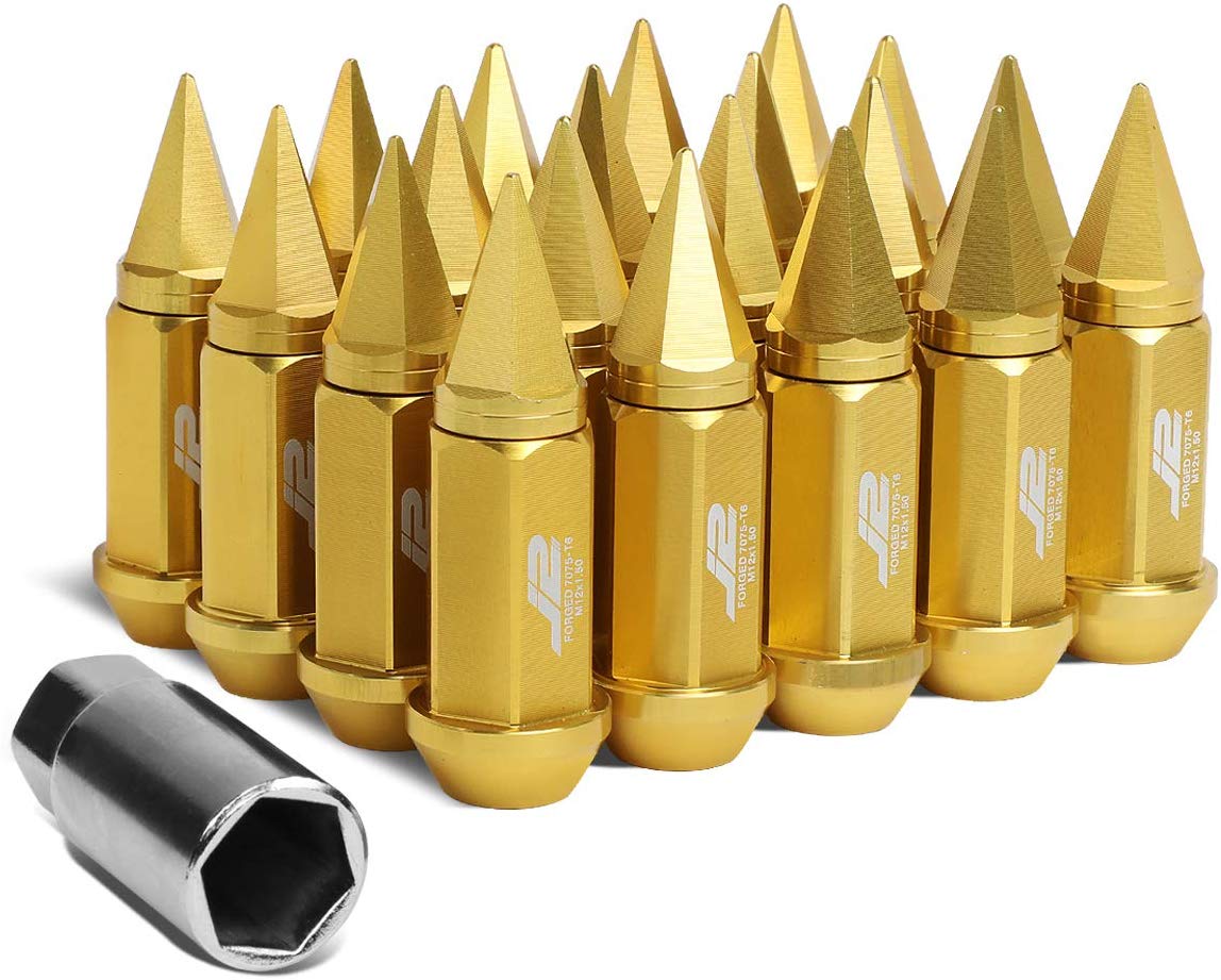 J2 Engineering 7075-T6 Forged Aluminum M12 x 1.5 75mm 20Pcs Spiky Cap Lug Nut + Adapter (Gold)