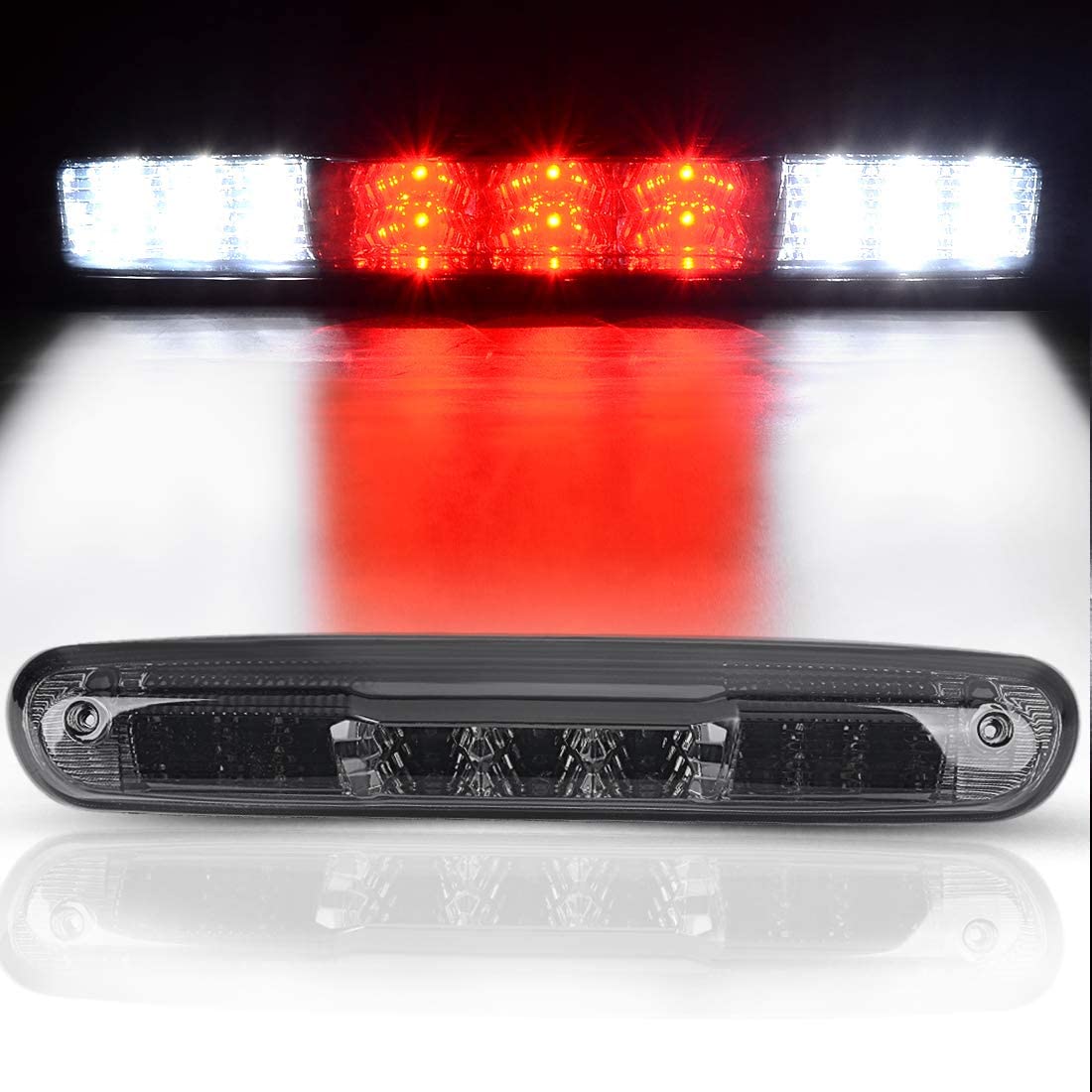 DWVO 3rd Brake Light Compatible with 2007-2014 Chevrolet Silverado GMC Sierra 1500 2500 3500 Red/White LED Smoke Lens High Mount Third Brake Light Cargo Tail Lamp