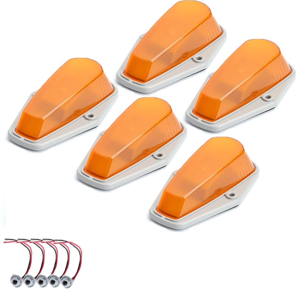 5pcs Amber Lens Cab Roof Marker Lights, KOMAS Roof Top Lamp Running Light Replacement + T10 Set for Truck SUV 1980-1997 Ford F1-150 F-250 F-350 F-450 F-550 Super Duty (Amber Cover + Base)