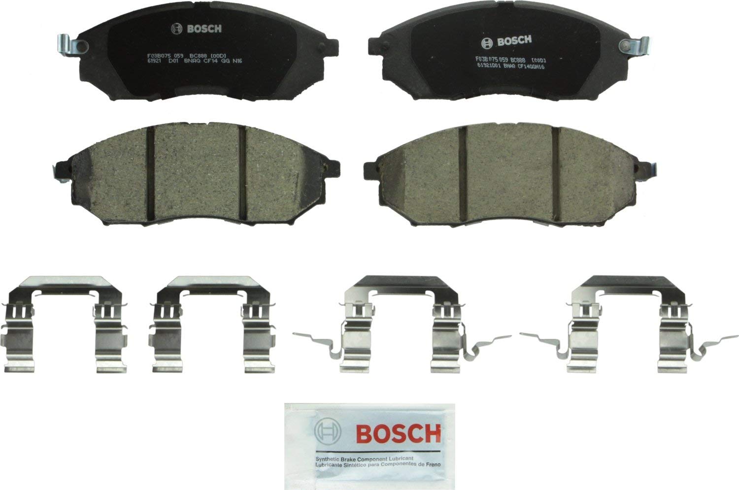 Bosch BC888 QuietCast Premium Ceramic Disc Brake Pad Set For: Infiniti EX35,37; FX35,37,45, G25,35,37, M35,M35h,M37,M45,M56, Q40,Q45,Q70, QX50,QX70, Q70L; Nissan 350Z, 370Z, Murano, Pathfinder, Front