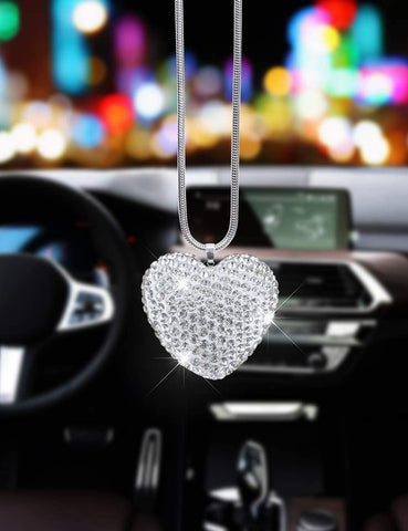 Alonar White Heart Bling Car Rear View Mirror Charms Decor,Hanging Interior Ornament Pendant Sun Catch Car Pendant (White Heart)