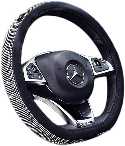 ESKONKE D Type Car Steering Wheel Cover for Ms. Aristocracy with Bling Matrix Diamond + Simple and Elegant Design + Soft and Durable Leather Universal 15