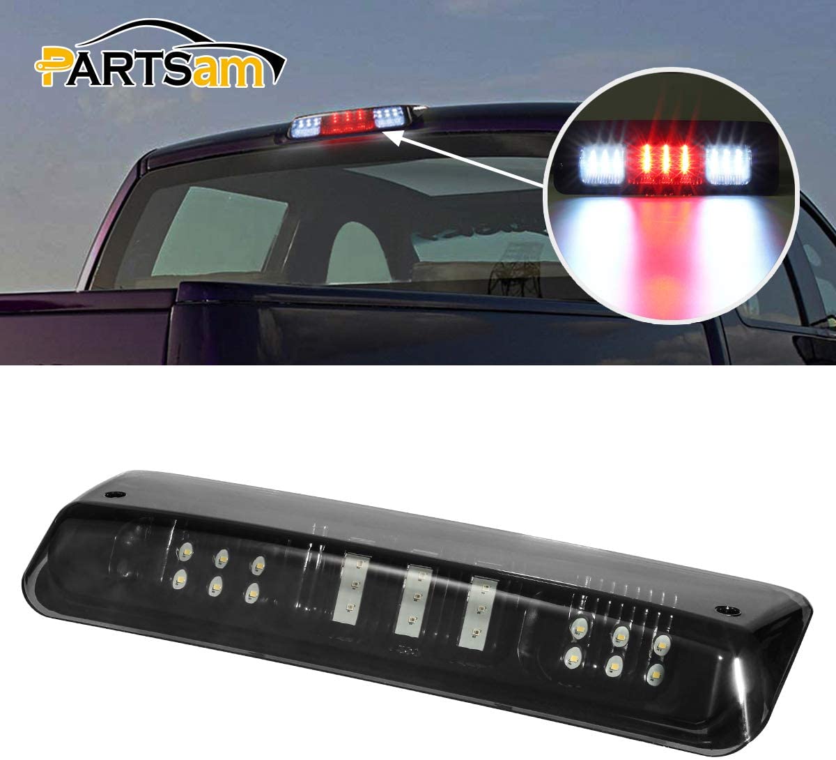 Partsam High Mount Stop Light 3rd Third Brake Light Replacement for Ford F150 F-150 2004 2005 2006 2007 2008 Smoked LED Rear Cab Roof Brake Stop Tail Cargo Center Light Lamp Black Housing w/3 Plugs