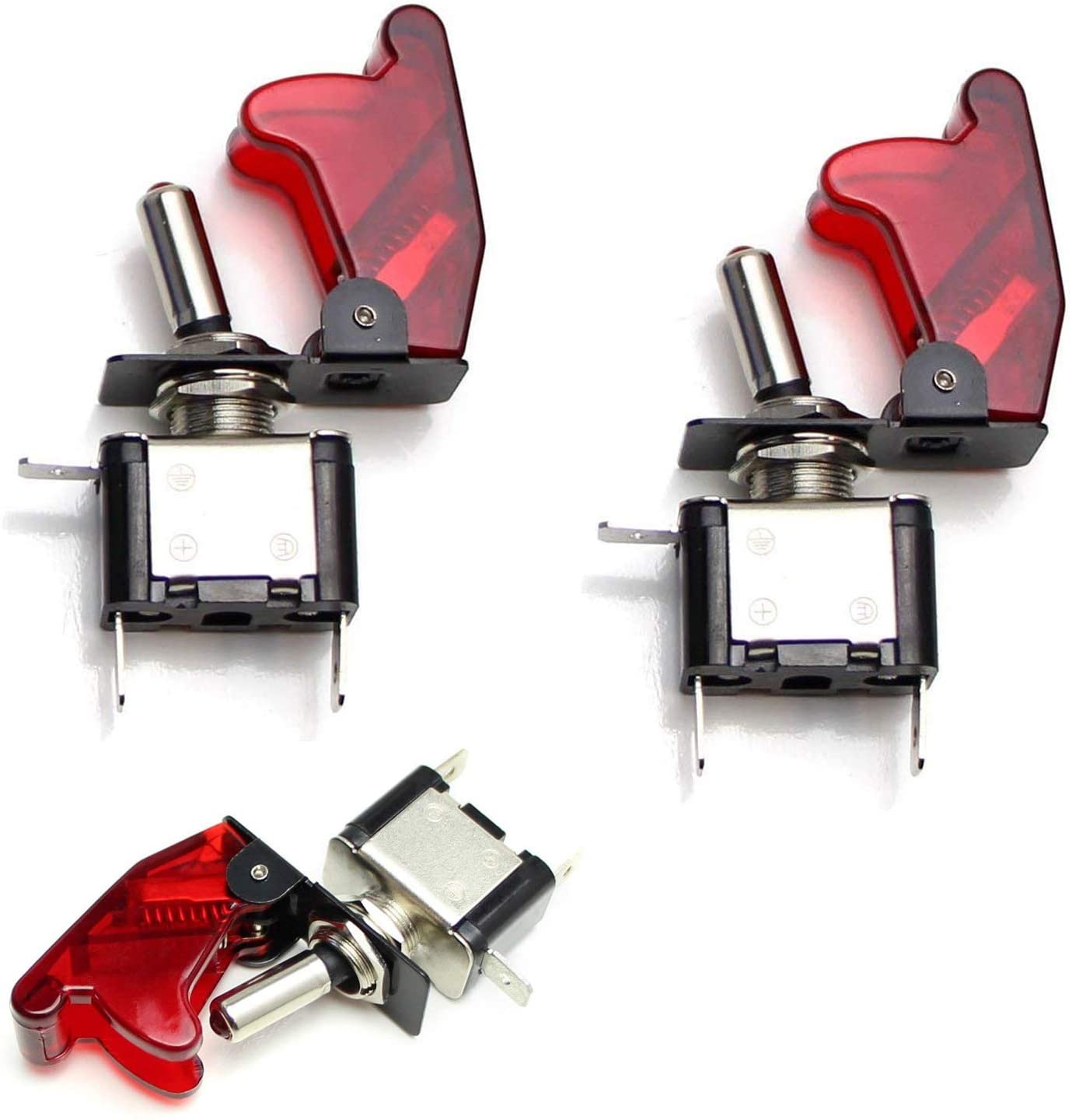 iJDMTOY (2) Aircraft Style 12V/20A Red LED Illuminated On/OFF SPST Toggle Switch w/Safety Flip Cover For Fog Daytime Running Light, Lightbar, etc