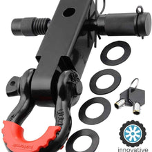 motormic Unique Shackle Hitch Receiver 2” (35,000 lbs Max Capacity) with 3/4" D Ring and 7/8" Screw Pin Safety Ring - Includes 1 Black Bent Pin, 4 Rubber Washers and 1 Red Isolator