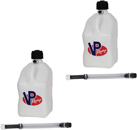 2 Pack VP 5 Gallon Square White Racing Utility Jugs with 2 Deluxe Filler Hoses